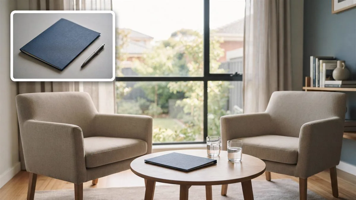 Two chairs and a low table in a quiet meeting room with a folder of documents